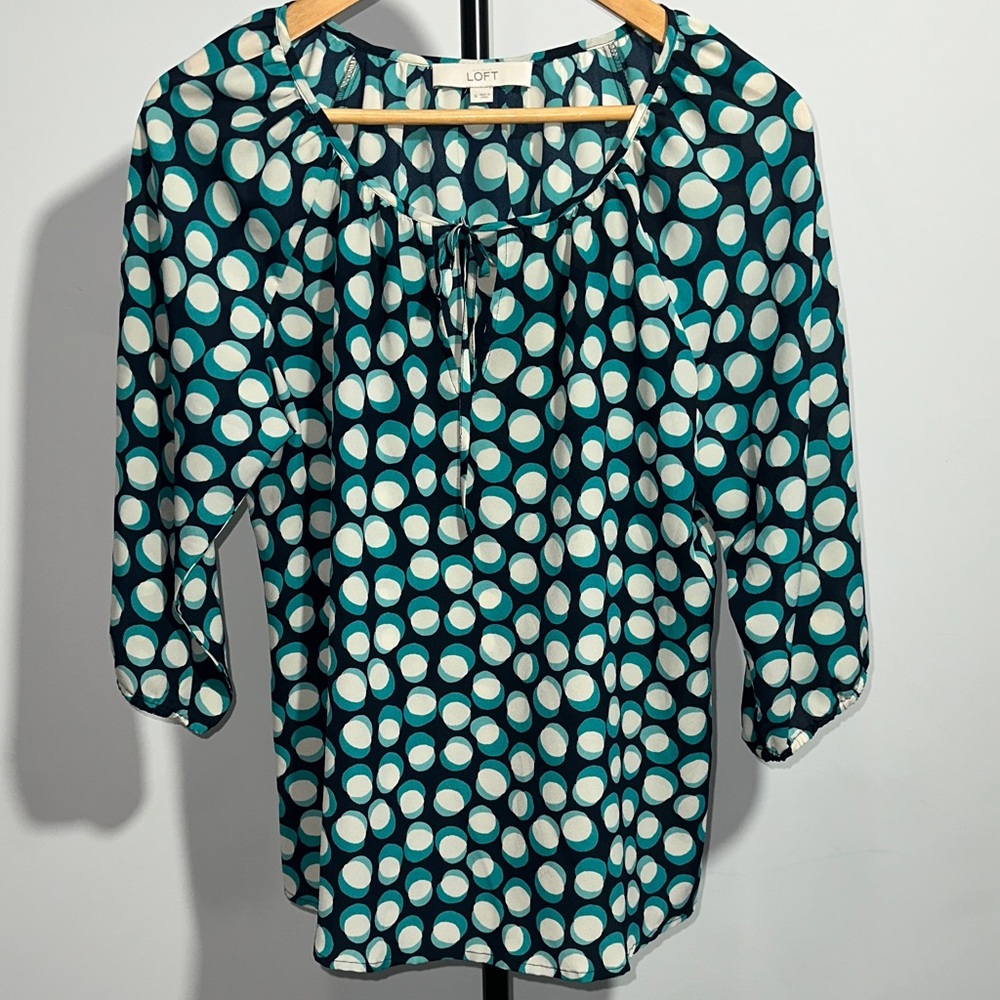 LOFT Teal, Cream and Navy Blue 3/4 Sleeve Blouse Top Size Medium